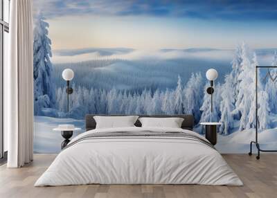 Siberian landscape in  in winter with snow, pine trees at sunset Wall mural